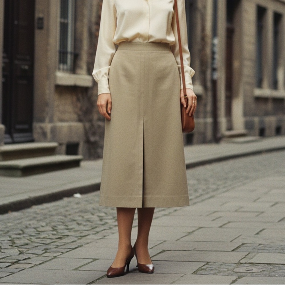NWT Vintage PIERRE CARDIN Paris Beige Slit Midi Skirt Size 8 (FR 42) late-1970s